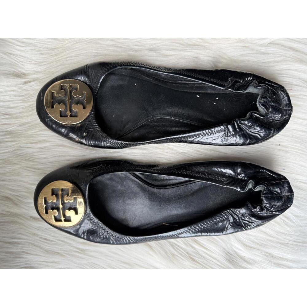 Tory Burch Black Leather Flats with Gold Logo - Picture 1 of 6